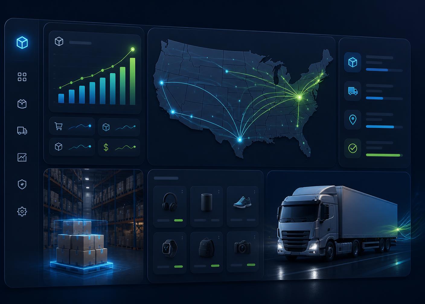 Babu Drop warehouse dashboard showing US shipping routes, live order analytics, and same-day fulfillment